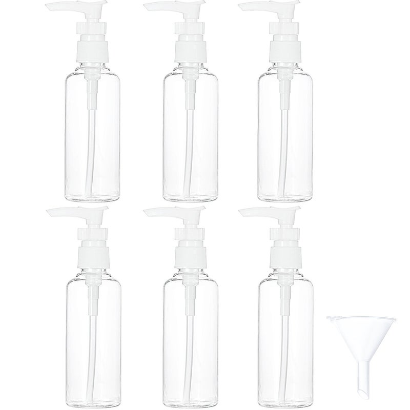 TecUnite 6 Pack Small Pump Bottles Clear Travel Bottle Plastic Empty Spray Dispenser Hand Lotion Sanitizer Refillable Accessories Set with Small Funnel for Flight, Airport, Holiday(100 ml,White) - Image 1